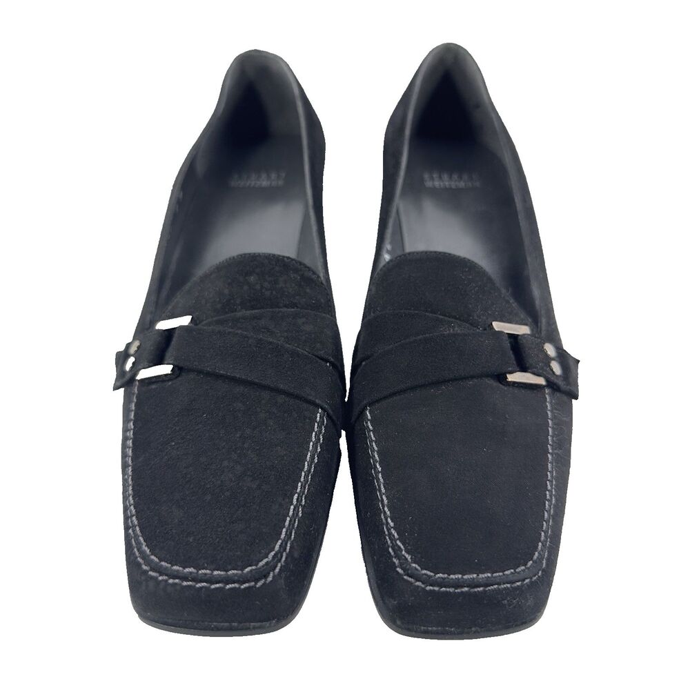 Stuart Weitzman Loafers Pumps Womens Size 7M Black Suede Kitten Heel Buckled NEW